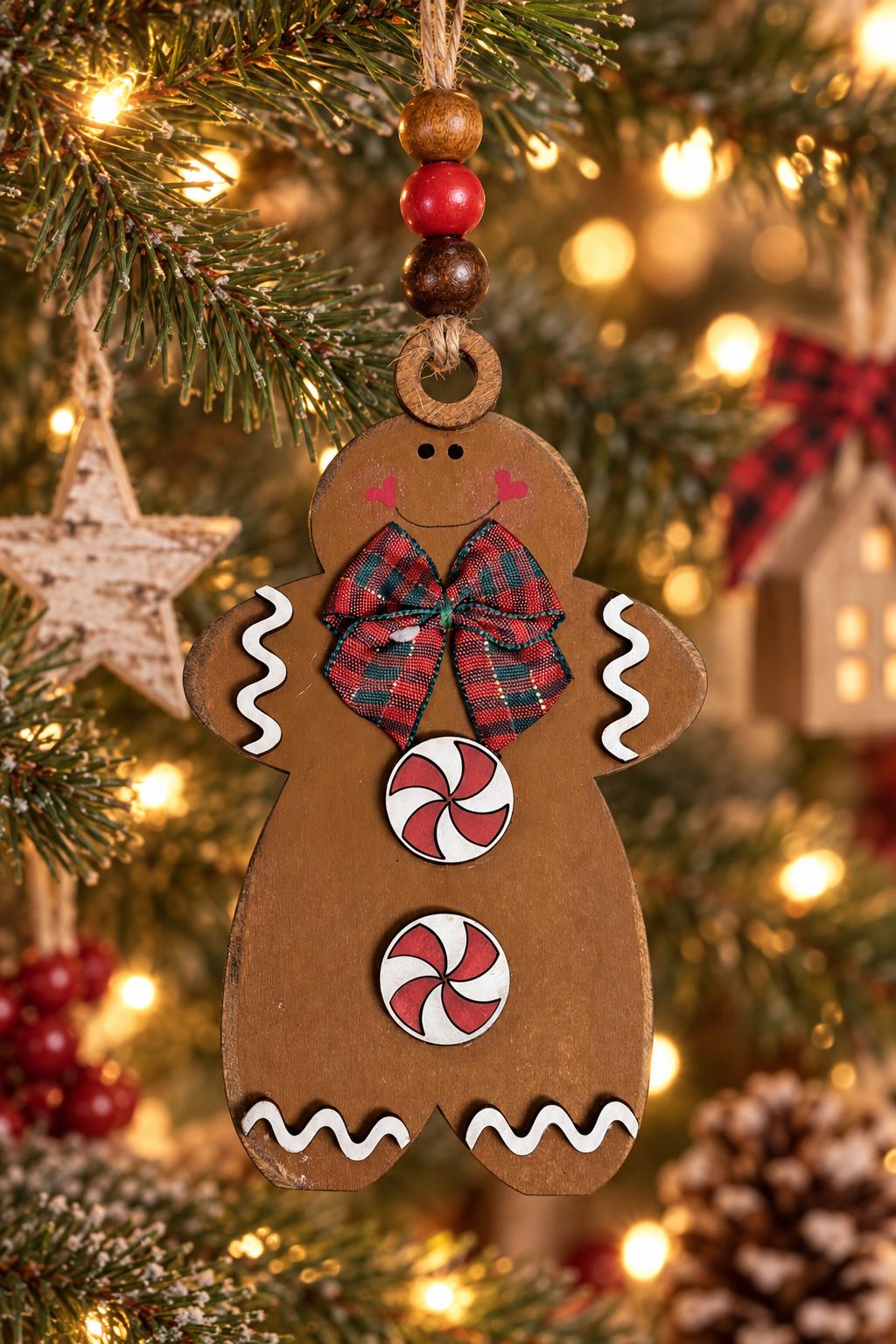 Gingerbread Man Christmas Ornament, Layered Wood Peppermint Gingerbread Ornament with Plaid Bow, Farmhouse Christmas Tree Decor