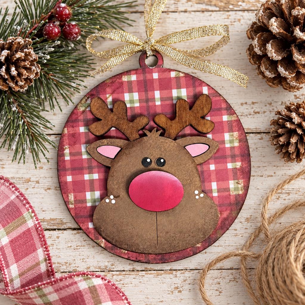 Rudolph Christmas Ornament, Red Nose Reindeer Ornament, 3 Inch Round Wood Plaid Ornament with Gold Ribbon, Rustic Farmhouse Tree Decor