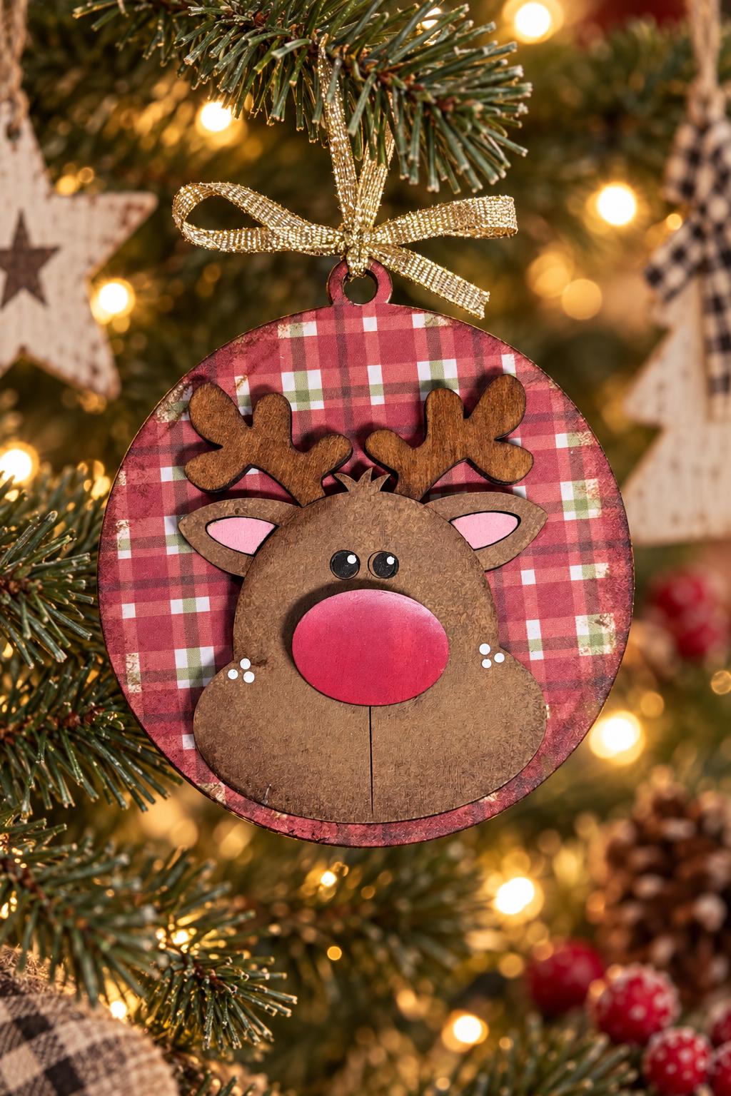 Rudolph Christmas Ornament, Red Nose Reindeer Ornament, 3 Inch Round Wood Plaid Ornament with Gold Ribbon, Rustic Farmhouse Tree Decor