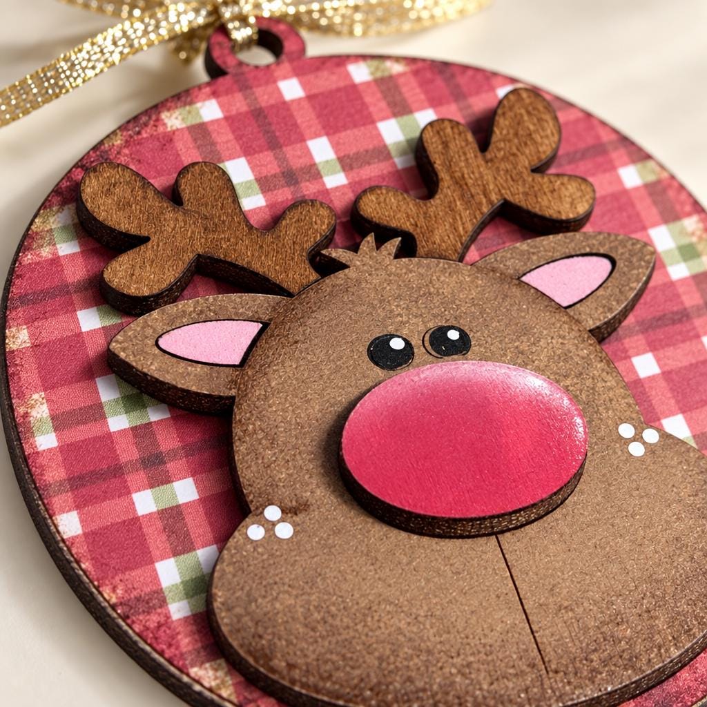 Rudolph Christmas Ornament, Red Nose Reindeer Ornament, 3 Inch Round Wood Plaid Ornament with Gold Ribbon, Rustic Farmhouse Tree Decor