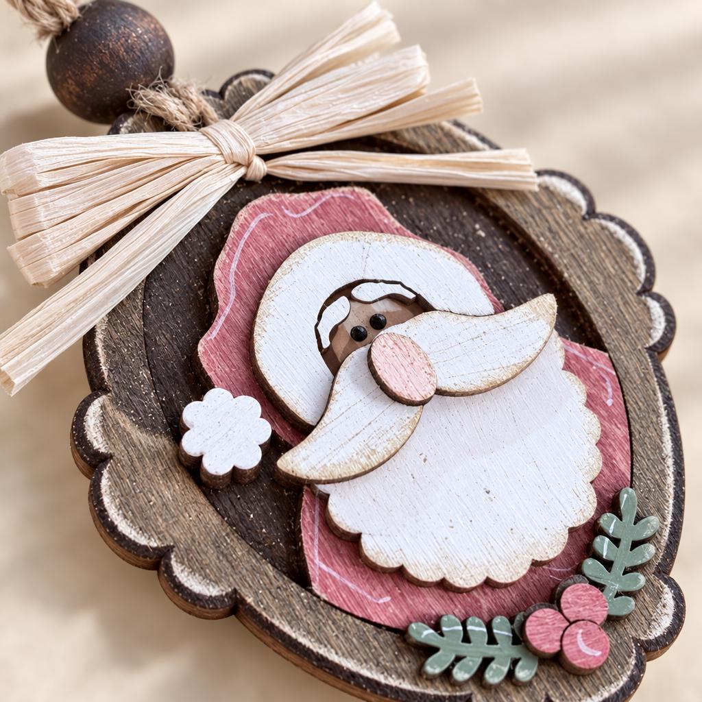 Santa Claus Christmas Ornament, Layered Wood Santa Cameo Ornament, Hand Painted Oval Santa, Farmhouse Christmas Tree Decor - TheGrumpyRooster