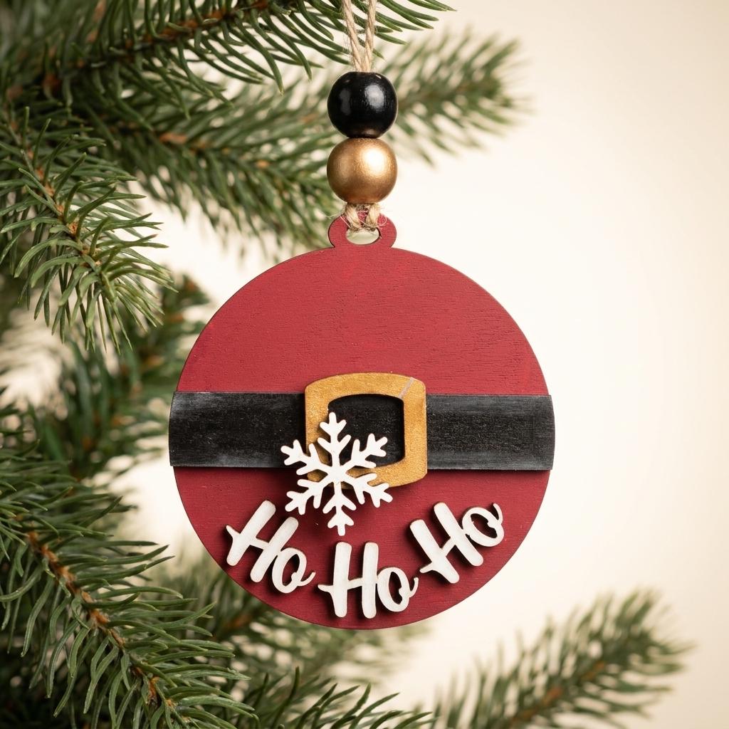 Ho Ho Ho Santa Belly Wood Ornament, 3.5 Inch Round Rustic Christmas Tree Decoration, Farmhouse Holiday Decor, Handmade Gift Tag