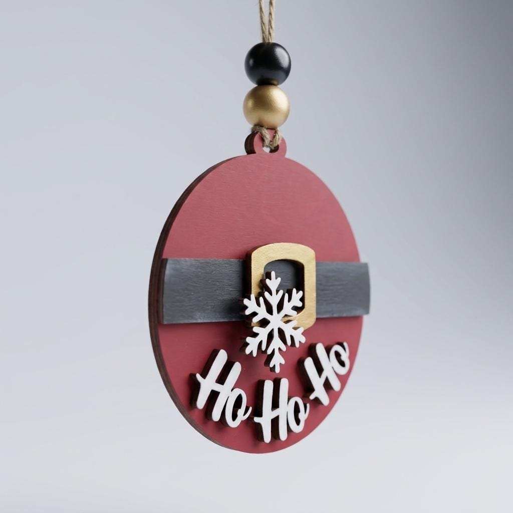 Ho Ho Ho Santa Belly Wood Ornament, 3.5 Inch Round Rustic Christmas Tree Decoration, Farmhouse Holiday Decor, Handmade Gift Tag