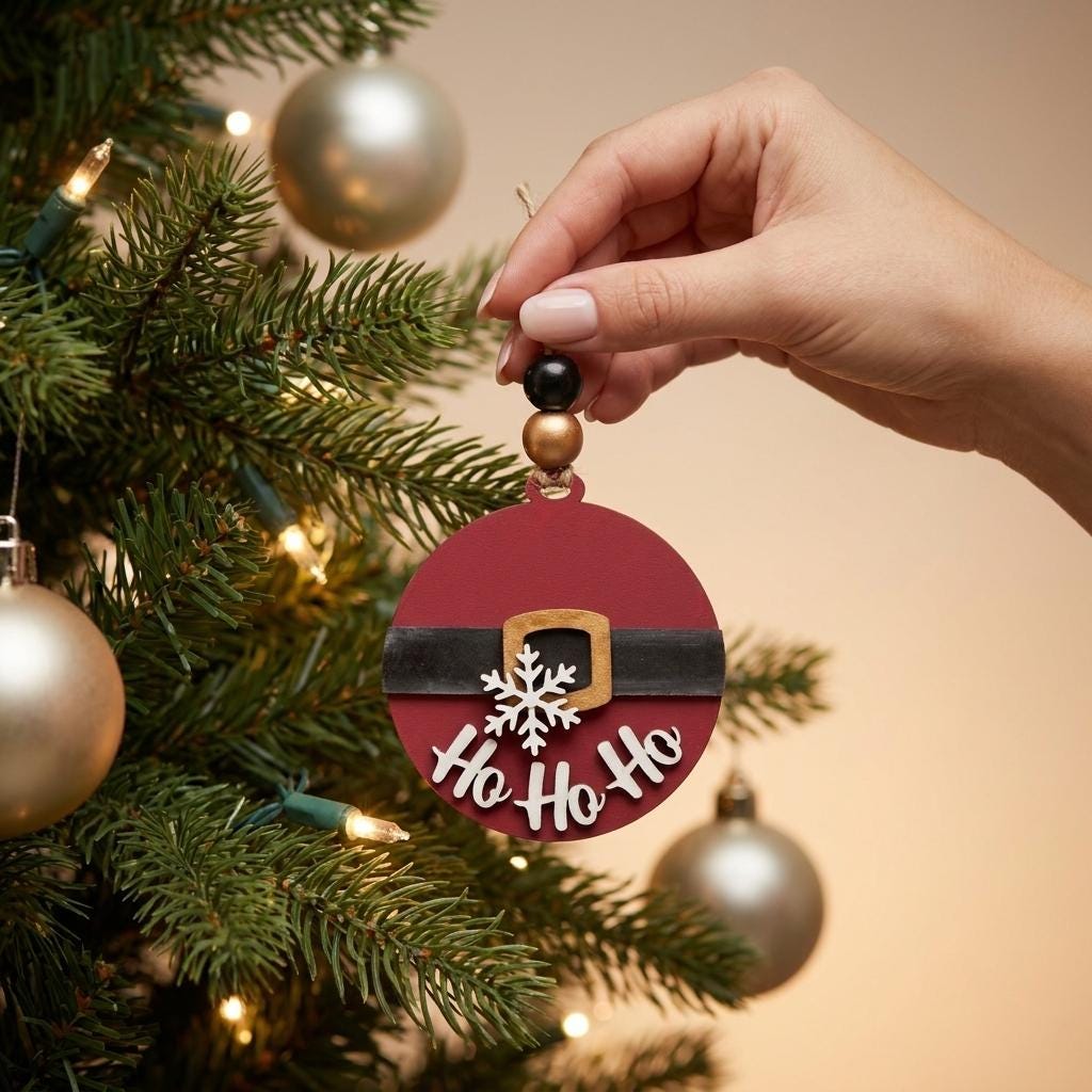 Ho Ho Ho Santa Belly Wood Ornament, 3.5 Inch Round Rustic Christmas Tree Decoration, Farmhouse Holiday Decor, Handmade Gift Tag