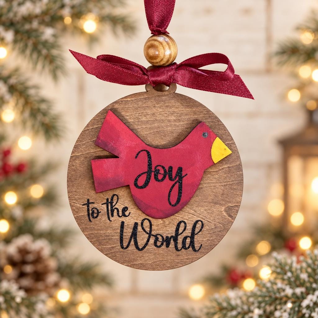 Cardinal Christmas Ornament, Joy to the World Wood Ornament, Layered Red Cardinal on Stained Round, Rustic Farmhouse Tree Decor