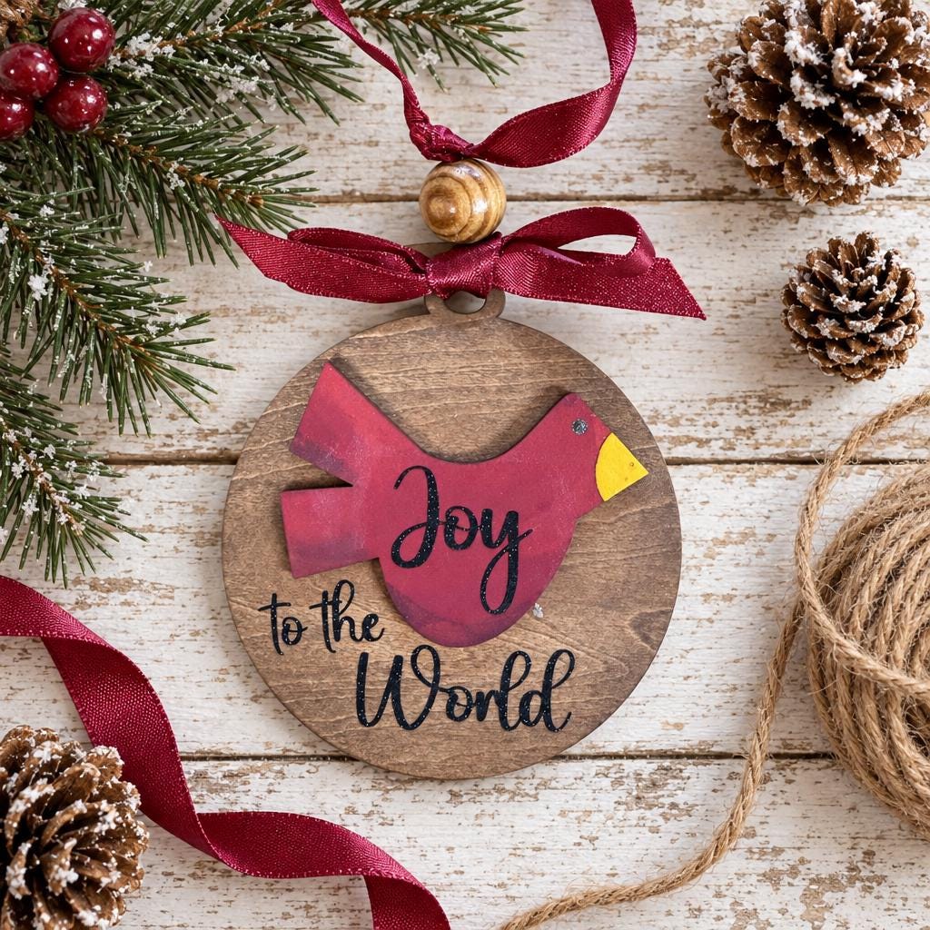 Cardinal Christmas Ornament, Joy to the World Wood Ornament, Layered Red Cardinal on Stained Round, Rustic Farmhouse Tree Decor