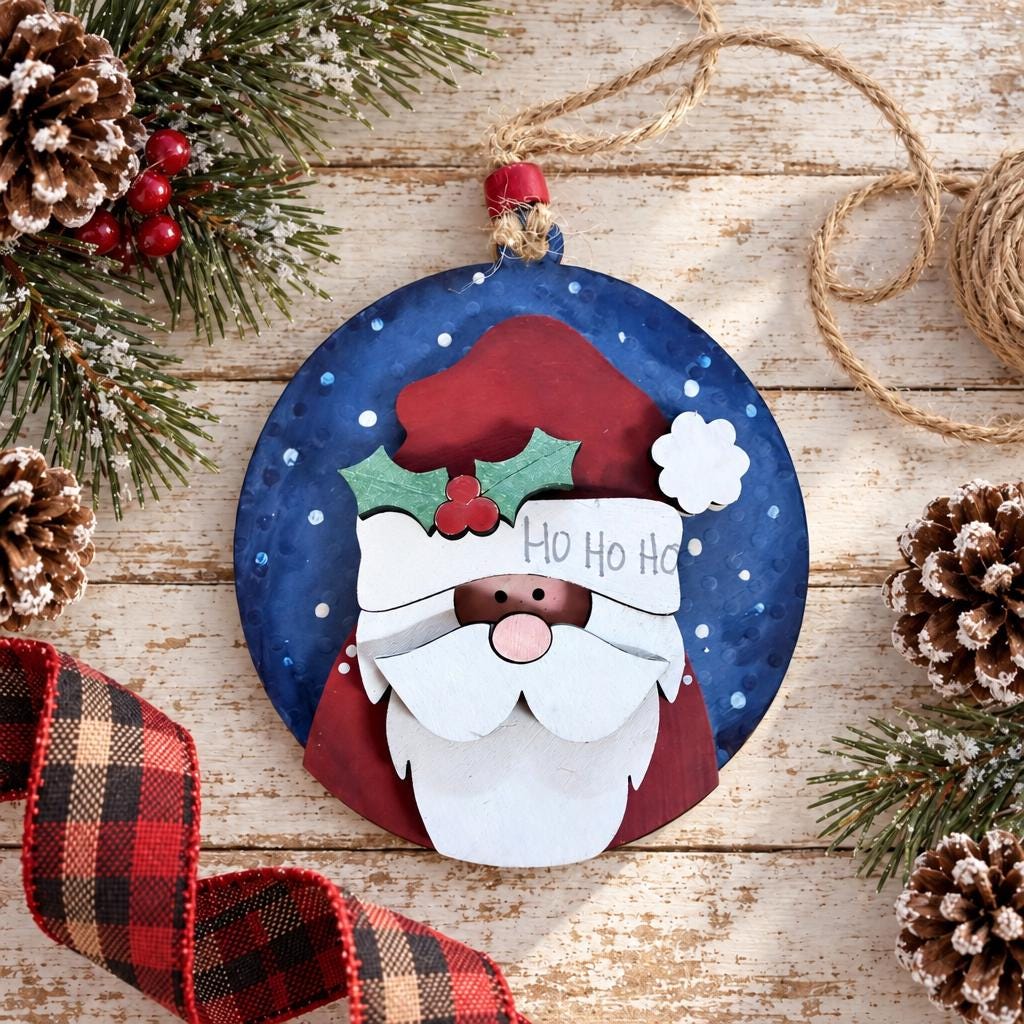 Santa Ornament, Ho Ho Ho Layered Wood Santa Christmas Ornament, Hand Painted Round Santa with Holly, Rustic Farmhouse Tree Decor