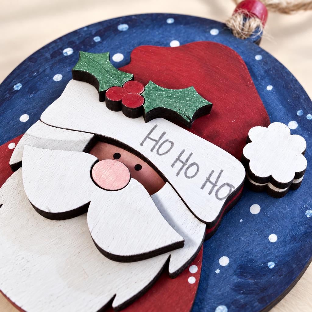 Santa Ornament, Ho Ho Ho Layered Wood Santa Christmas Ornament, Hand Painted Round Santa with Holly, Rustic Farmhouse Tree Decor