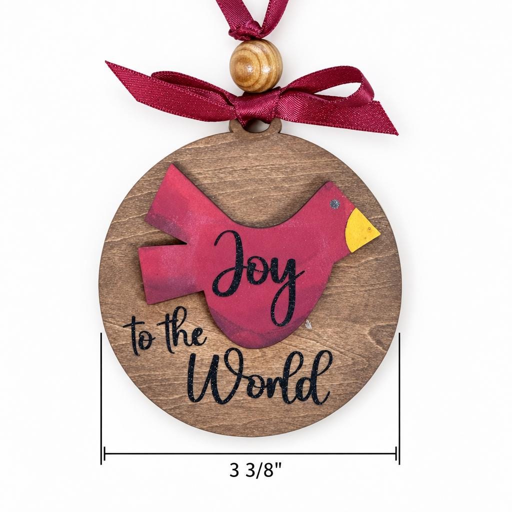 Cardinal Christmas Ornament, Joy to the World Wood Ornament, Layered Red Cardinal on Stained Round, Rustic Farmhouse Tree Decor
