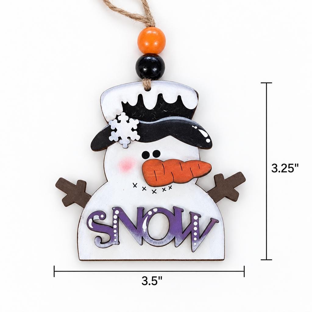 Snowman Christmas Ornament, SNOW Layered Wood Snowman Ornament, Hand Painted Snowman with Top Hat, Whimsical Winter Tree Decor