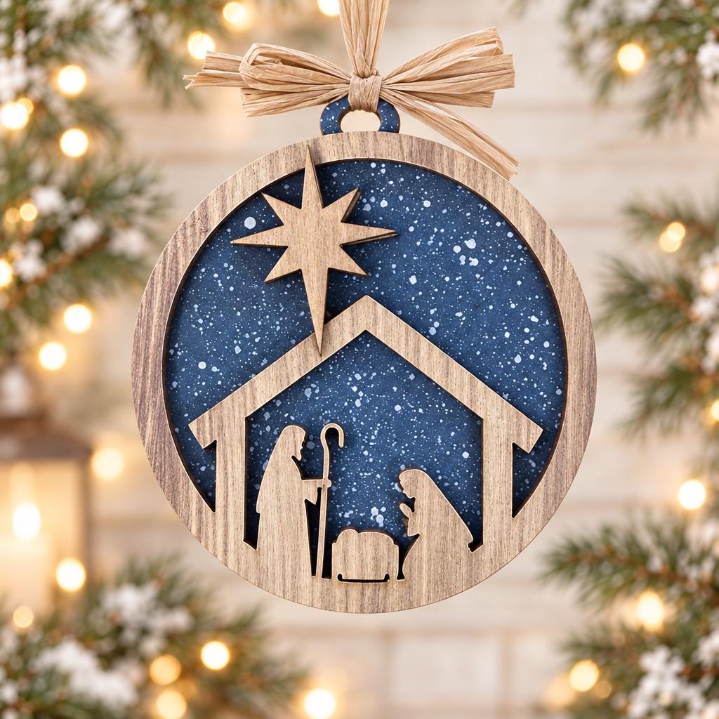 Nativity Christmas Ornament, Layered Wood Manger Scene Ornament with Star of Bethlehem, Religious Christian Christmas Tree Decor