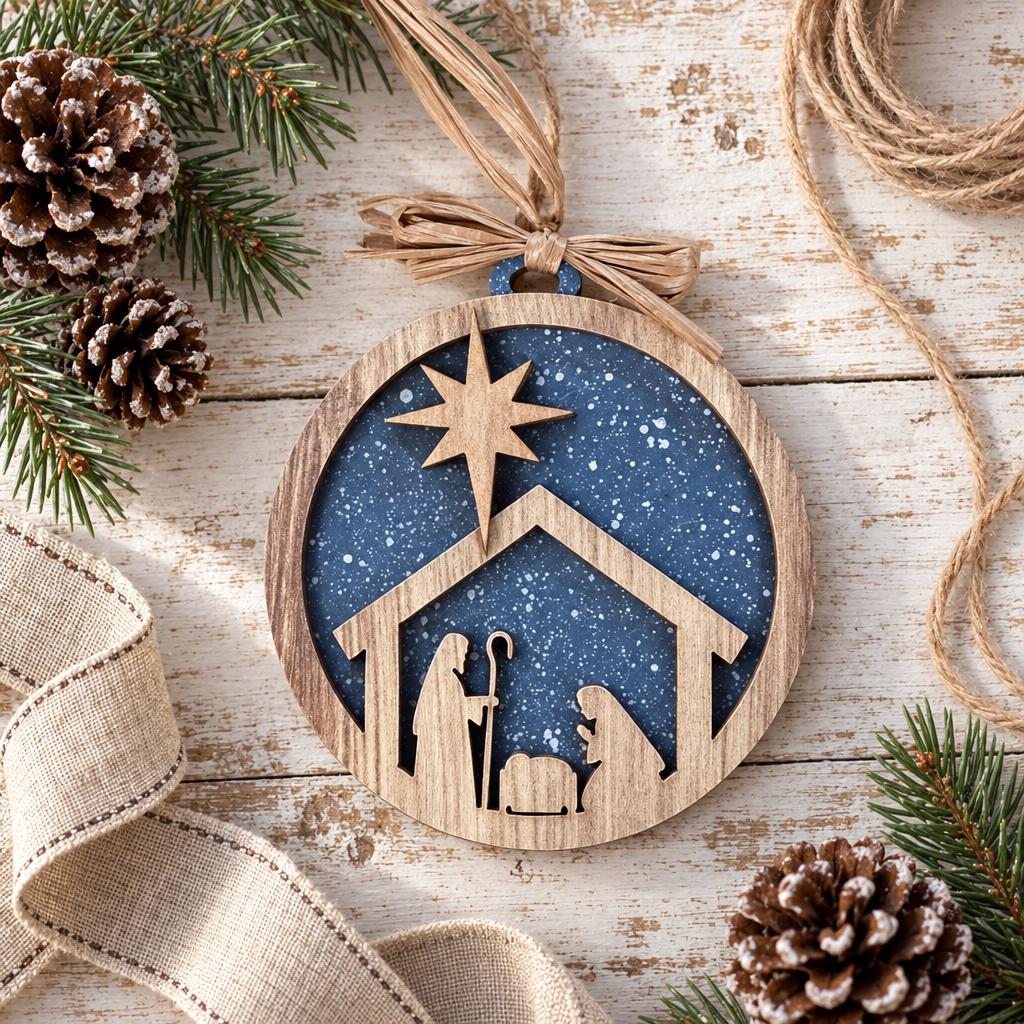 Nativity Christmas Ornament, Layered Wood Manger Scene Ornament with Star of Bethlehem, Religious Christian Christmas Tree Decor