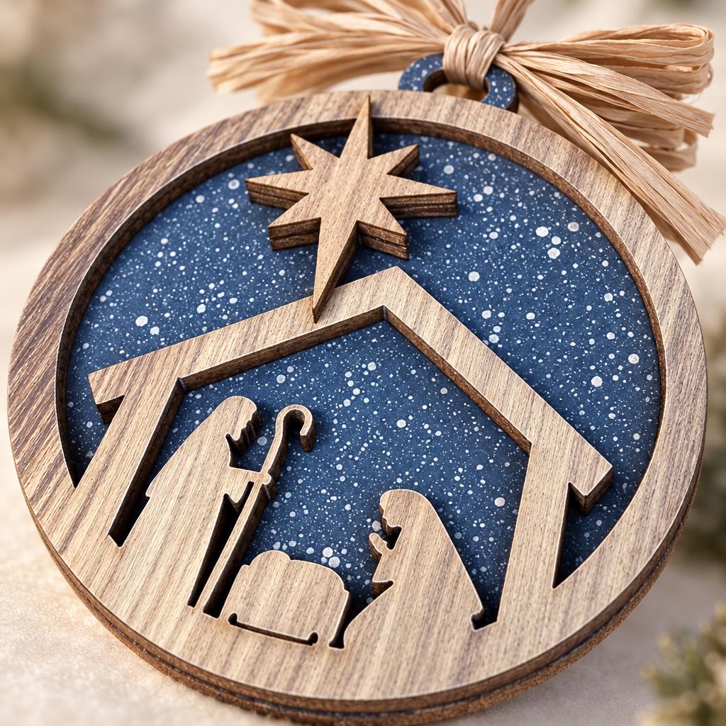 Nativity Christmas Ornament, Layered Wood Manger Scene Ornament with Star of Bethlehem, Religious Christian Christmas Tree Decor