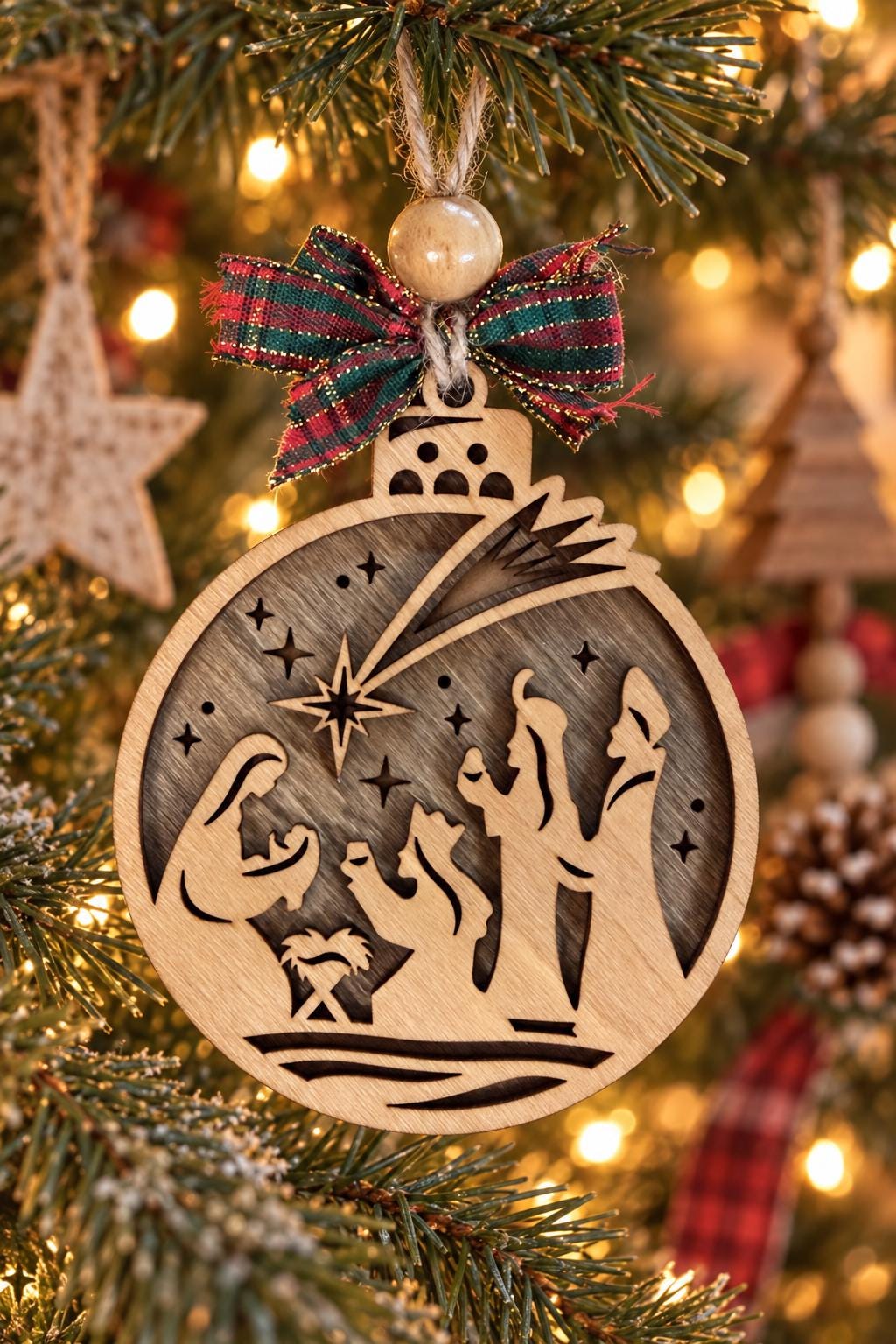 Nativity Ornament with Wise Men, Layered Wood Bauble Nativity Scene with Shooting Star, Religious Christian Christmas Tree Decor