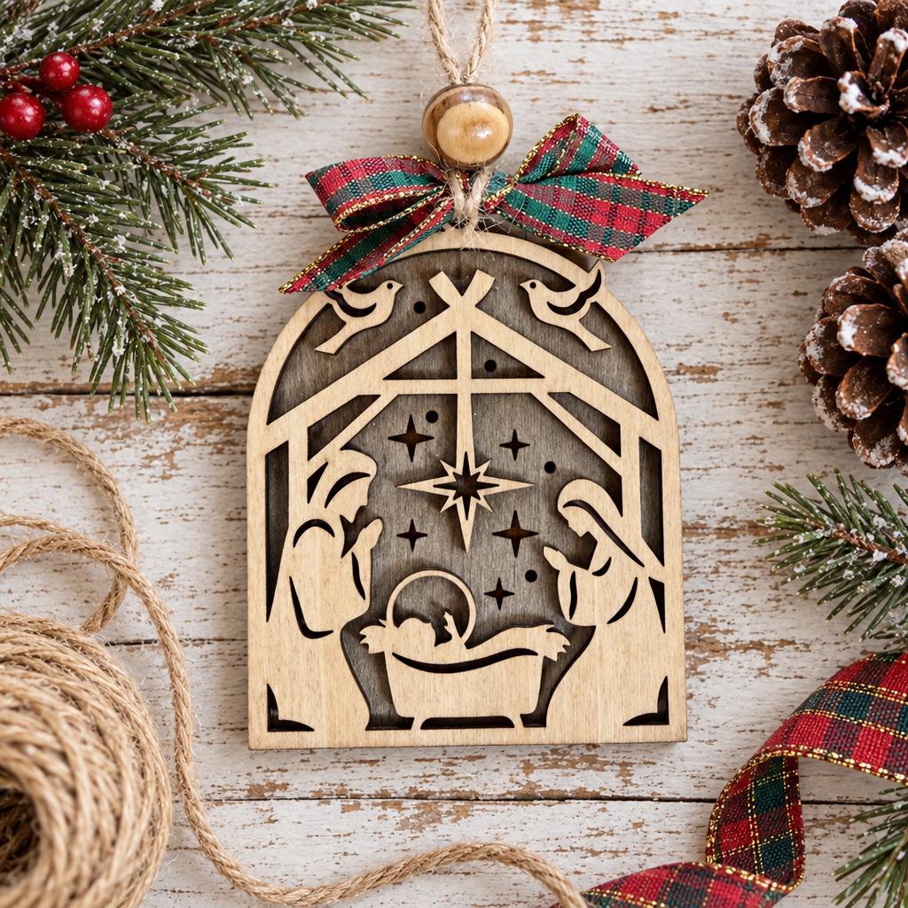 Arch Nativity Ornament, Layered Wood Holy Family Manger Scene with Doves and Star, Religious Christian Christmas Tree Decor