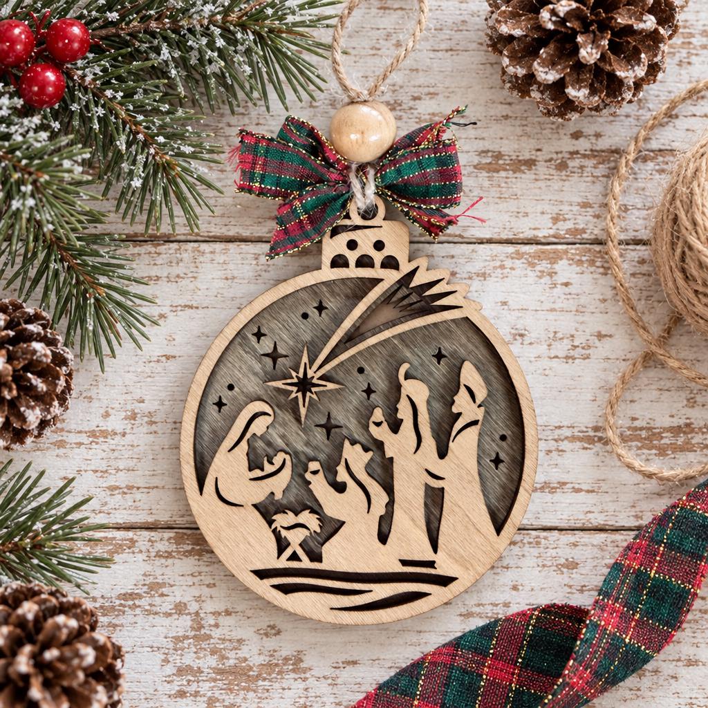 Nativity Ornament with Wise Men, Layered Wood Bauble Nativity Scene with Shooting Star, Religious Christian Christmas Tree Decor