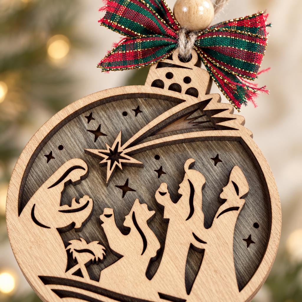 Nativity Ornament with Wise Men, Layered Wood Bauble Nativity Scene with Shooting Star, Religious Christian Christmas Tree Decor