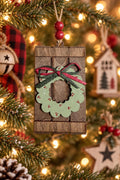 Wreath Ornament, Rustic Wood Pallet Christmas Ornament with Sage Green Wreath and Raffia Bow, Farmhouse Christmas Tree Decor