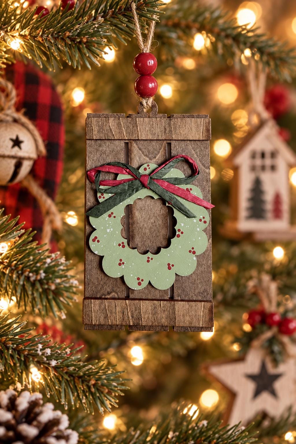Wreath Ornament, Rustic Wood Pallet Christmas Ornament with Sage Green Wreath and Raffia Bow, Farmhouse Christmas Tree Decor