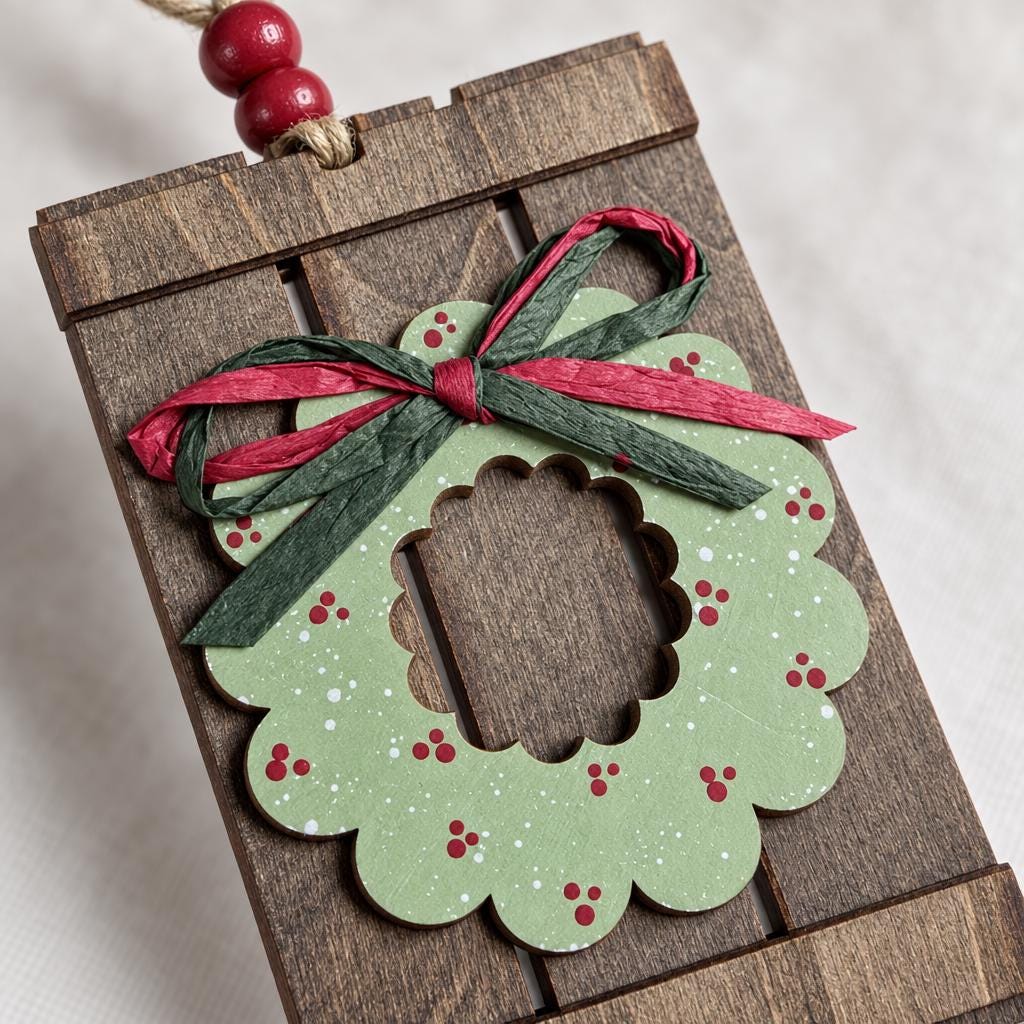 Wreath Ornament, Rustic Wood Pallet Christmas Ornament with Sage Green Wreath and Raffia Bow, Farmhouse Christmas Tree Decor