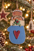 Gingerbread Mitten Ornament, Layered Wood Gingerbread Man in Blue Mitten with Heart and Holly, Farmhouse Christmas Tree Decor