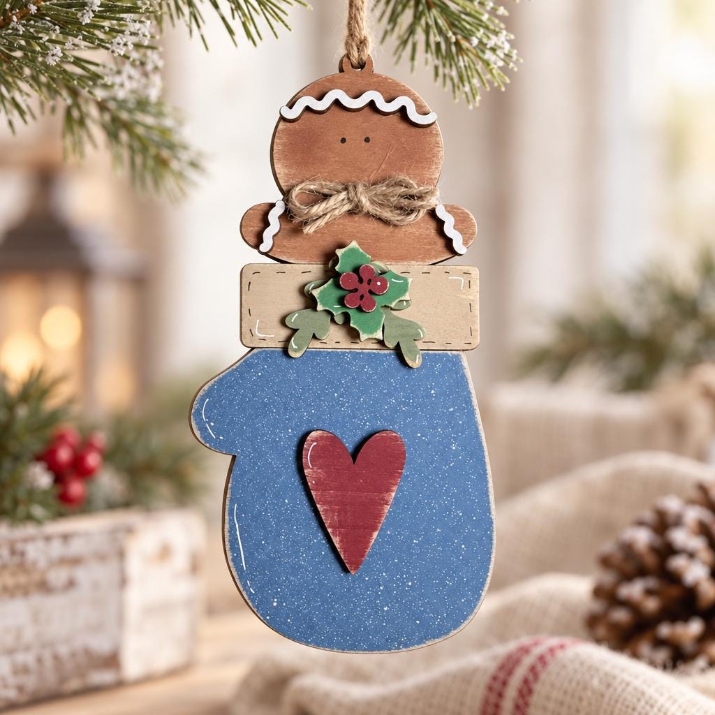 Gingerbread Mitten Ornament, Layered Wood Gingerbread Man in Blue Mitten with Heart and Holly, Farmhouse Christmas Tree Decor