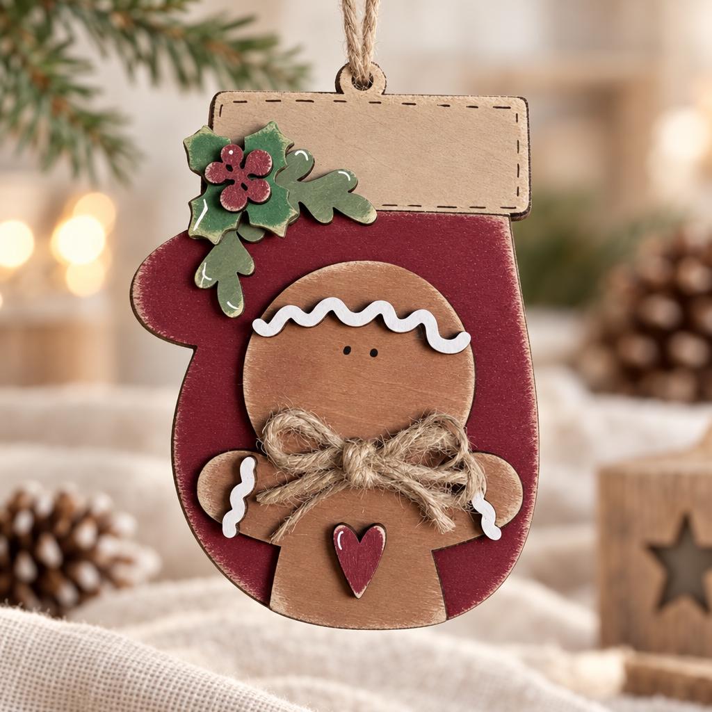 Red Mitten Ornament with Gingerbread Man, Layered Wood Gingerbread Christmas Ornament with Holly and Heart, Farmhouse Tree Decor