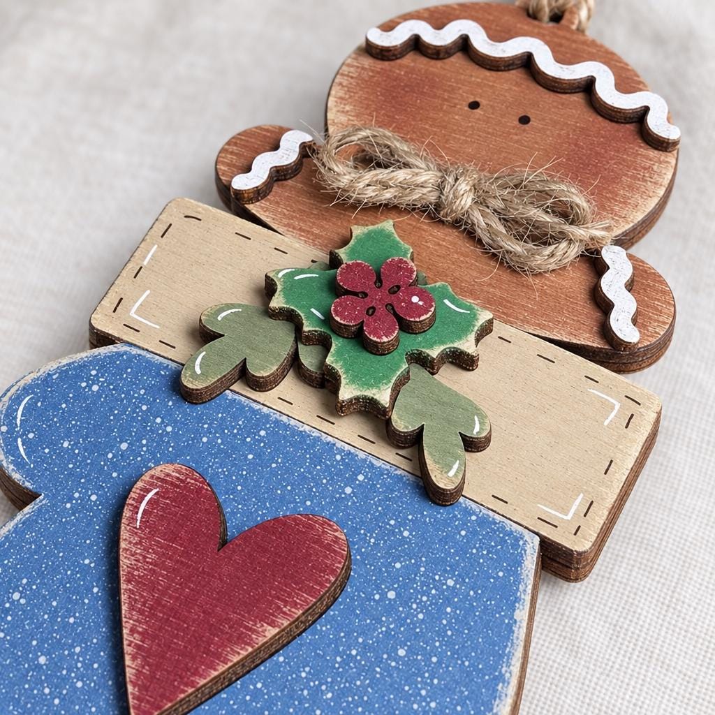 Gingerbread Mitten Ornament, Layered Wood Gingerbread Man in Blue Mitten with Heart and Holly, Farmhouse Christmas Tree Decor