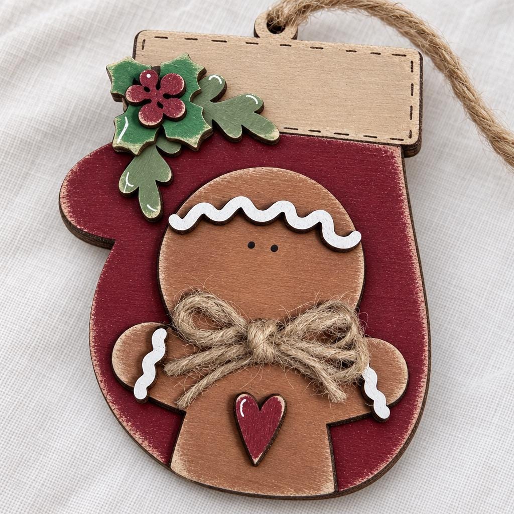 Red Mitten Ornament with Gingerbread Man, Layered Wood Gingerbread Christmas Ornament with Holly and Heart, Farmhouse Tree Decor