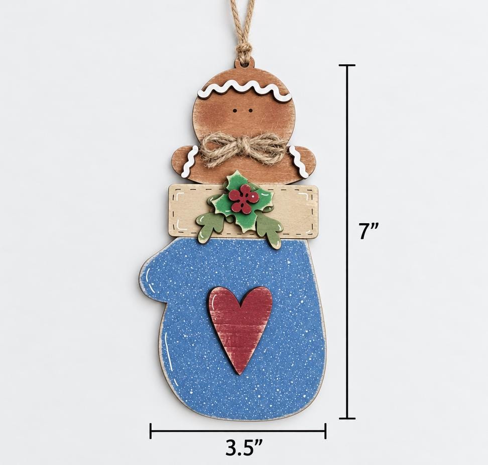 Gingerbread Mitten Ornament, Layered Wood Gingerbread Man in Blue Mitten with Heart and Holly, Farmhouse Christmas Tree Decor