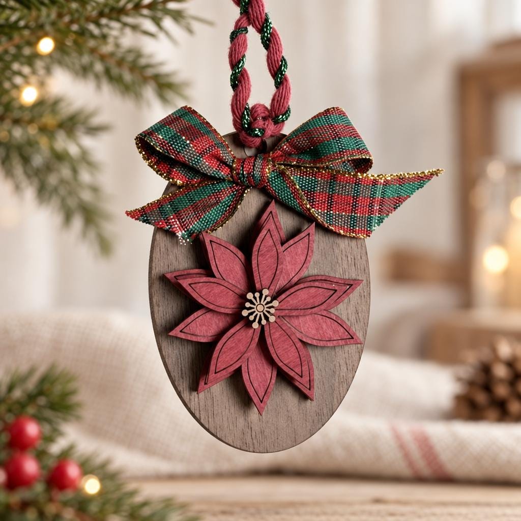 Poinsettia Ornament, Mini Layered Wood Christmas Flower Ornament with Plaid Bow, Rustic Farmhouse Tree Decor