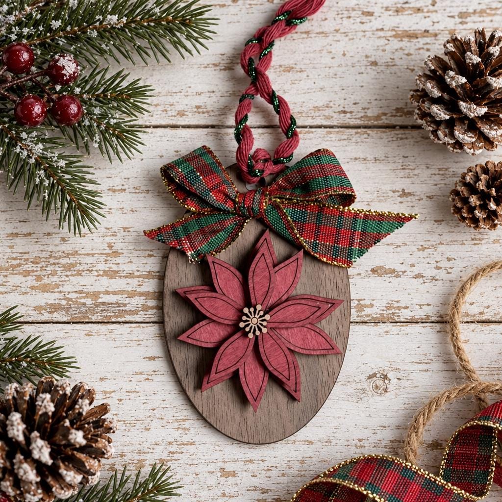 Poinsettia Ornament, Mini Layered Wood Christmas Flower Ornament with Plaid Bow, Rustic Farmhouse Tree Decor