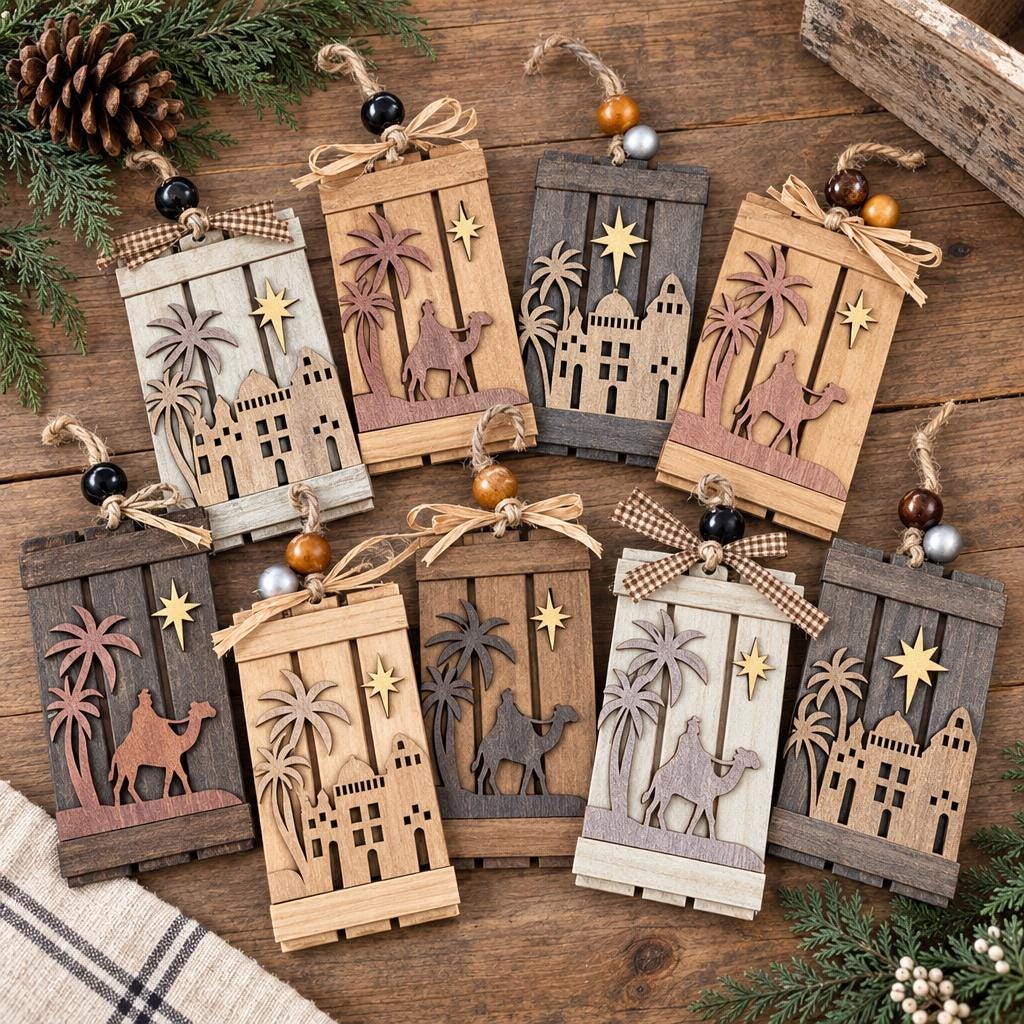 Bethlehem Ornament or Wise Man on Camel, Rustic Wood Pallet Nativity Christmas Ornament with Star, Religious Tree Decor