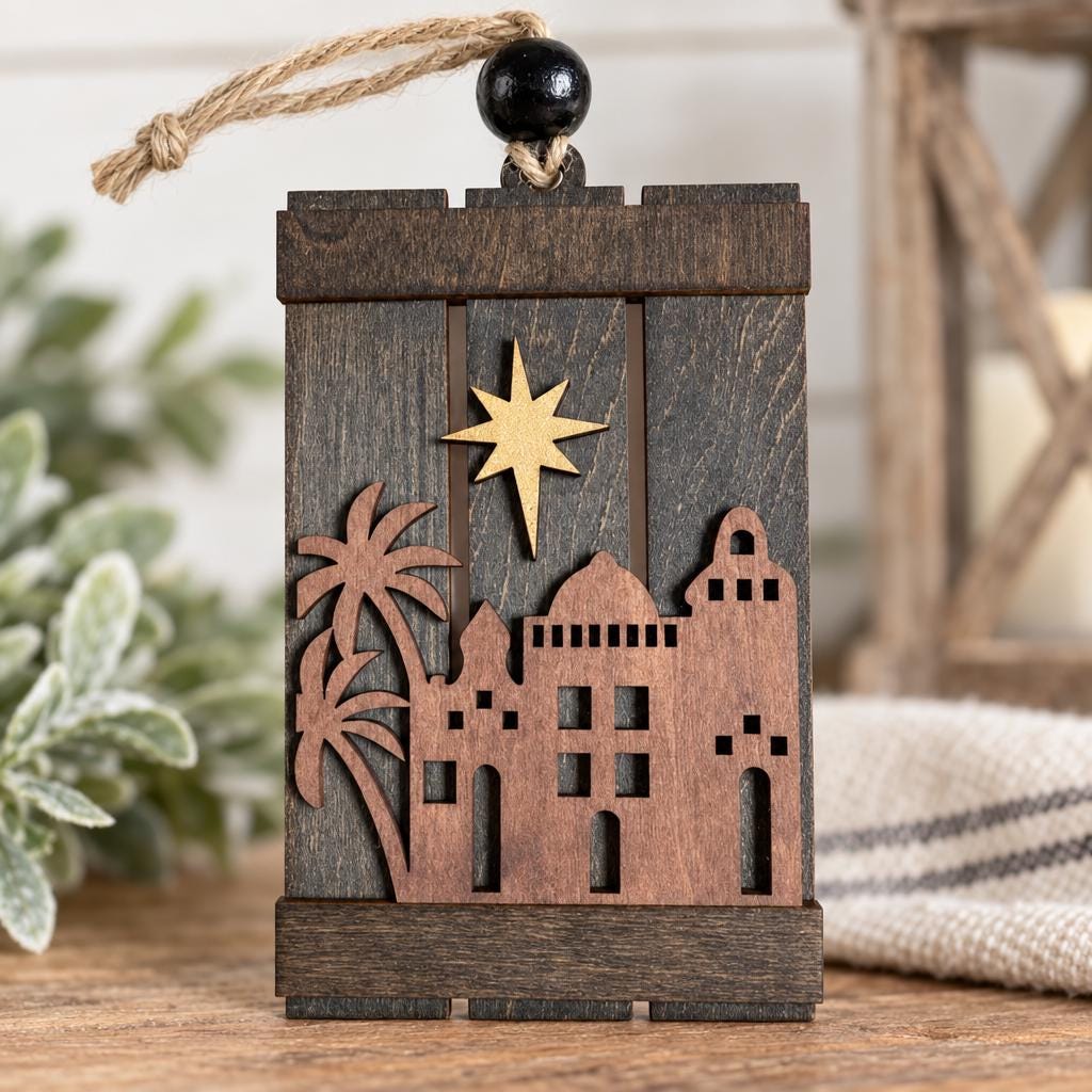 Bethlehem Ornament or Wise Man on Camel, Rustic Wood Pallet Nativity Christmas Ornament with Star, Religious Tree Decor