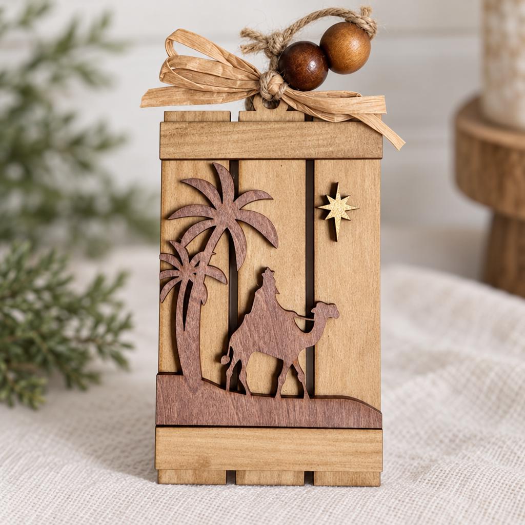 Bethlehem Ornament or Wise Man on Camel, Rustic Wood Pallet Nativity Christmas Ornament with Star, Religious Tree Decor