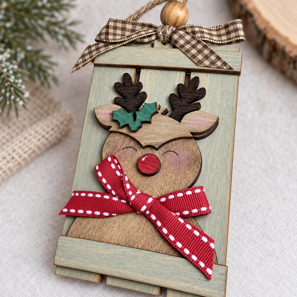 Reindeer Pallet Ornament, Rustic Wood Christmas Ornament with Red Nose Reindeer, Holly and Scarf Bow, Farmhouse Tree Decor - TheGrumpyRooster