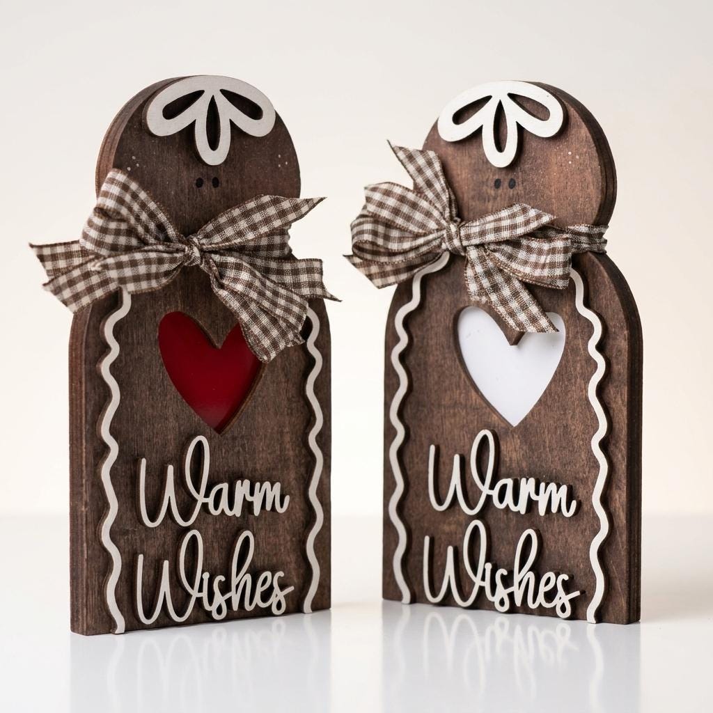 Wooden Gingerbread Man Sign, Warm Wishes Freestanding Christmas Decor, Rustic Layered Wood Shelf Sitter, Farmhouse Holiday Gift, 5.5in - TheGrumpyRooster