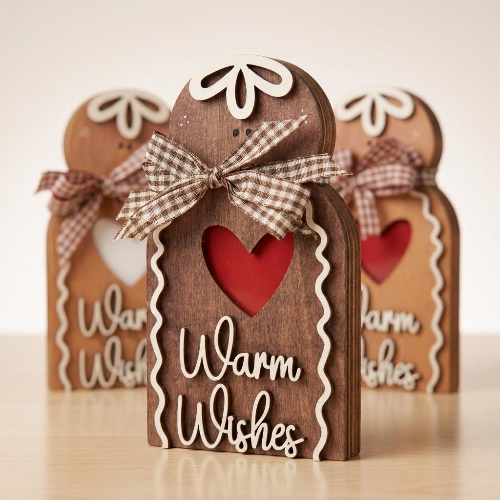 Wooden Gingerbread Man Sign, Warm Wishes Freestanding Christmas Decor, Rustic Layered Wood Shelf Sitter, Farmhouse Holiday Gift, 5.5in - TheGrumpyRooster