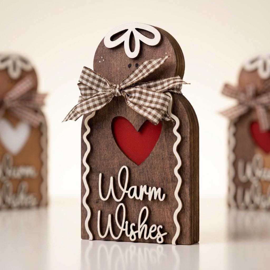 Wooden Gingerbread Man Sign, Warm Wishes Freestanding Christmas Decor, Rustic Layered Wood Shelf Sitter, Farmhouse Holiday Gift, 5.5in - TheGrumpyRooster