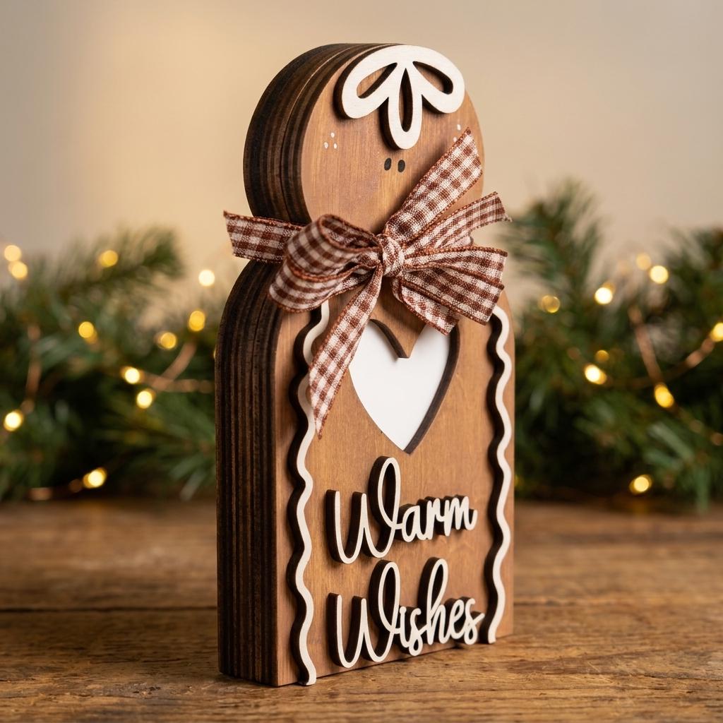 Wooden Gingerbread Man Sign, Warm Wishes Freestanding Christmas Decor, Rustic Layered Wood Shelf Sitter, Farmhouse Holiday Gift, 5.5in - TheGrumpyRooster