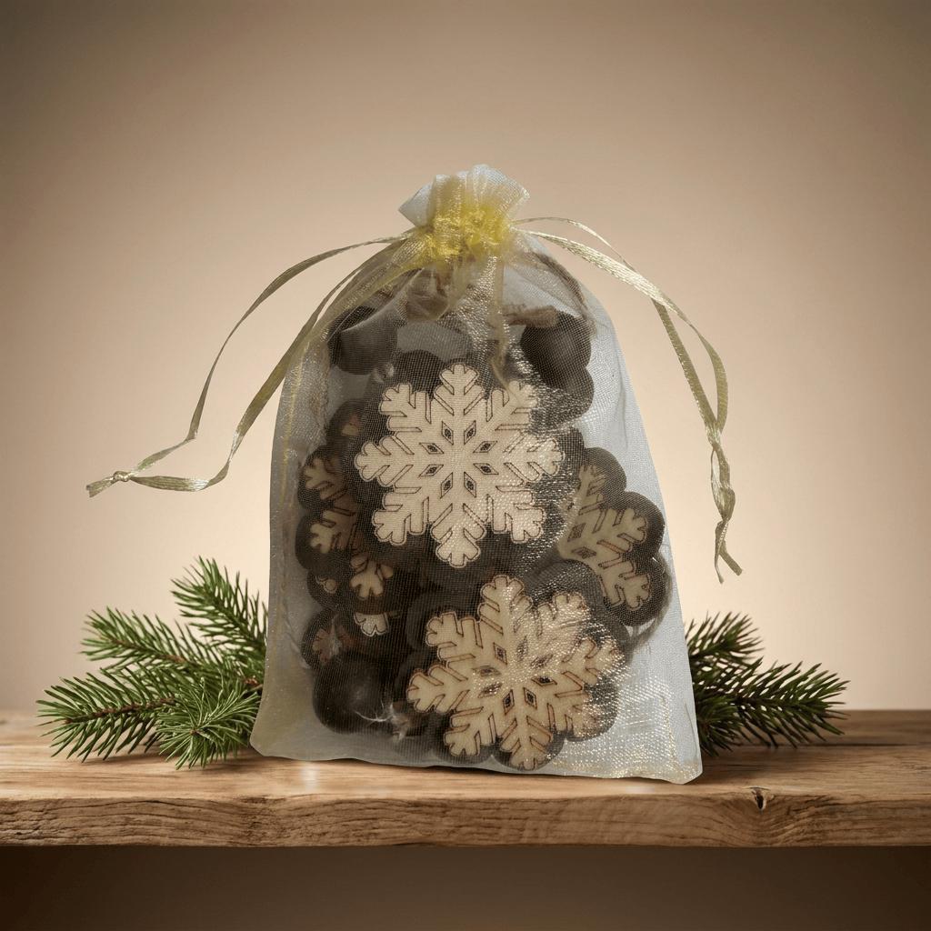 Rustic Wood Snowflake Ornaments Set of 7, Layered Christmas Tree Ornaments with Bead, Farmhouse Gift Bag, 2 inch Wooden Snowflakes