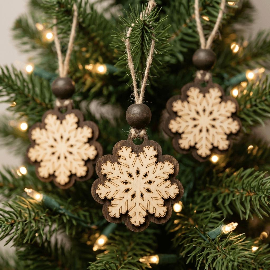 Rustic Wood Snowflake Ornaments Set of 7, Layered Christmas Tree Ornaments with Bead, Farmhouse Gift Bag, 2 inch Wooden Snowflakes