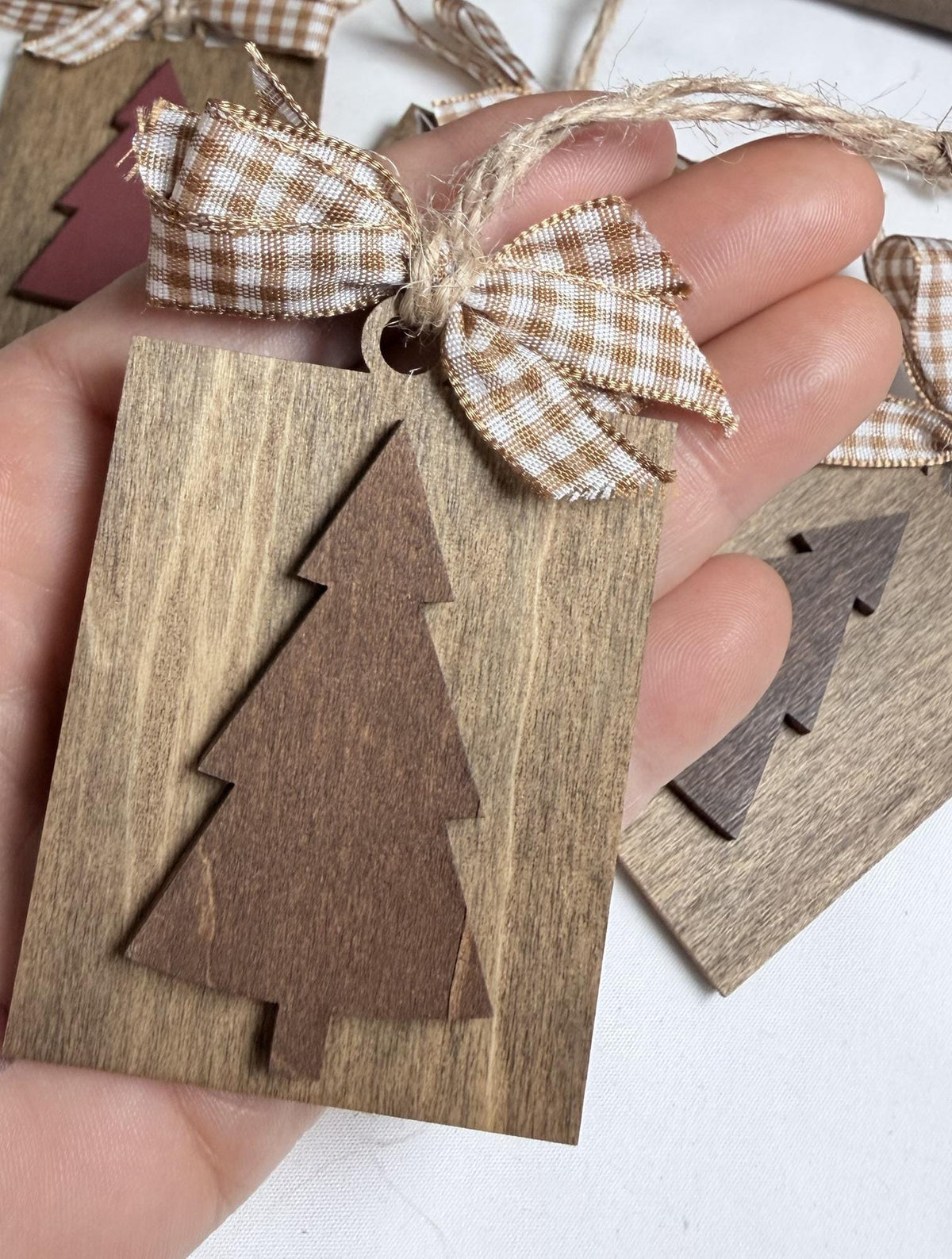 Rustic Wood Christmas Tree Ornaments Set of 4, Farmhouse Tag Ornaments with Gingham Bow, Layered Tree, Gift Bag, 2x3 inch