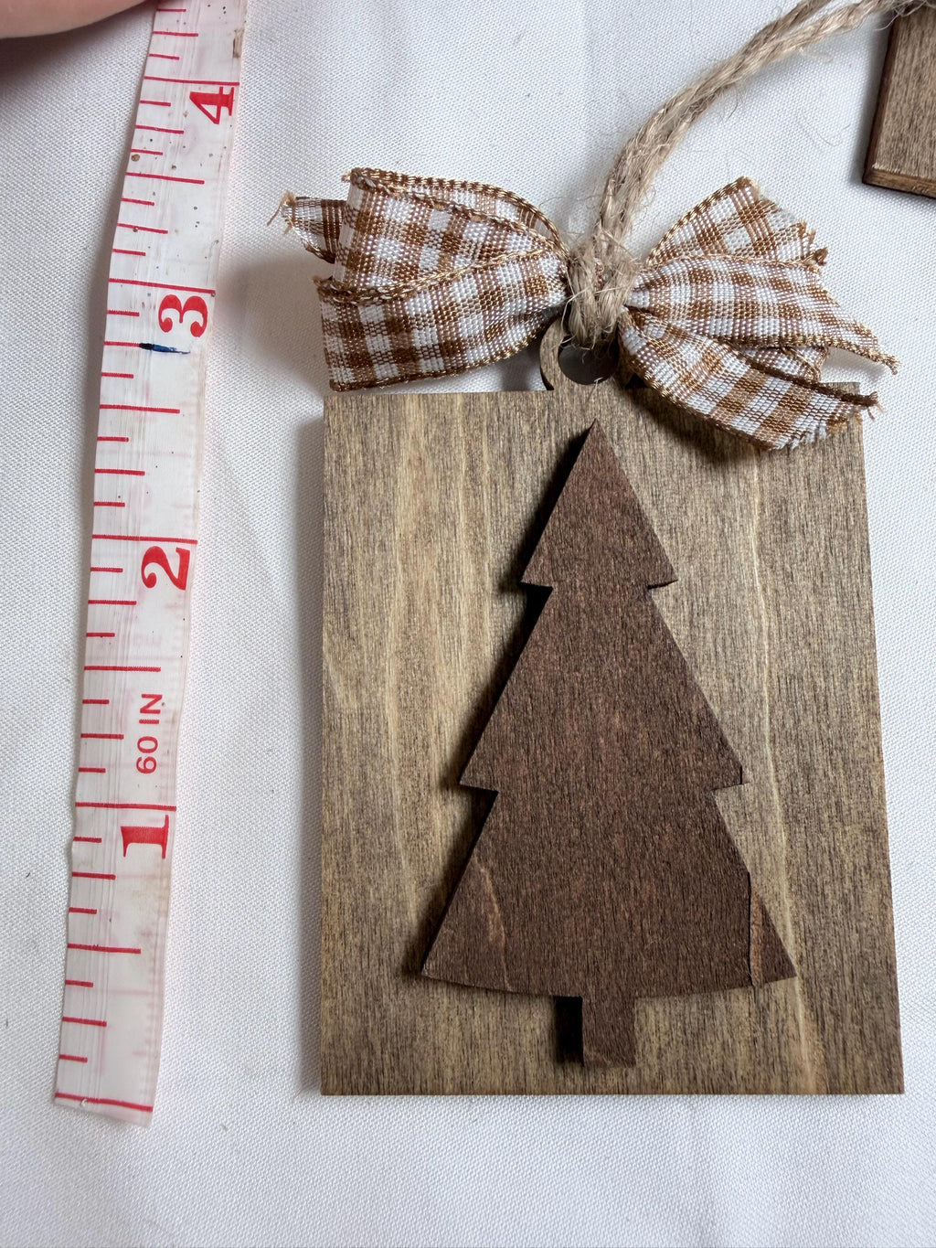 Rustic Wood Christmas Tree Ornaments Set of 4, Farmhouse Tag Ornaments with Gingham Bow, Layered Tree, Gift Bag, 2x3 inch