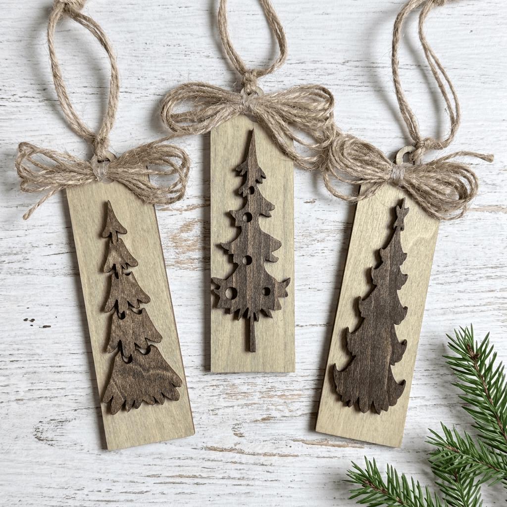 Rustic Wood Christmas Tree Ornaments Set of 3, Tall Skinny Tag Ornaments, Layered Pine Trees, Farmhouse Christmas Decor, 1.25x4 inch