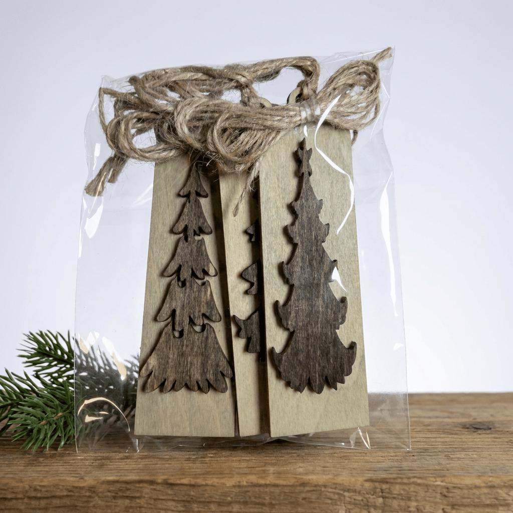 Rustic Wood Christmas Tree Ornaments Set of 3, Tall Skinny Tag Ornaments, Layered Pine Trees, Farmhouse Christmas Decor, 1.25x4 inch