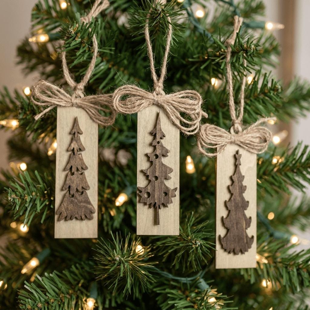 Rustic Wood Christmas Tree Ornaments Set of 3, Tall Skinny Tag Ornaments, Layered Pine Trees, Farmhouse Christmas Decor, 1.25x4 inch