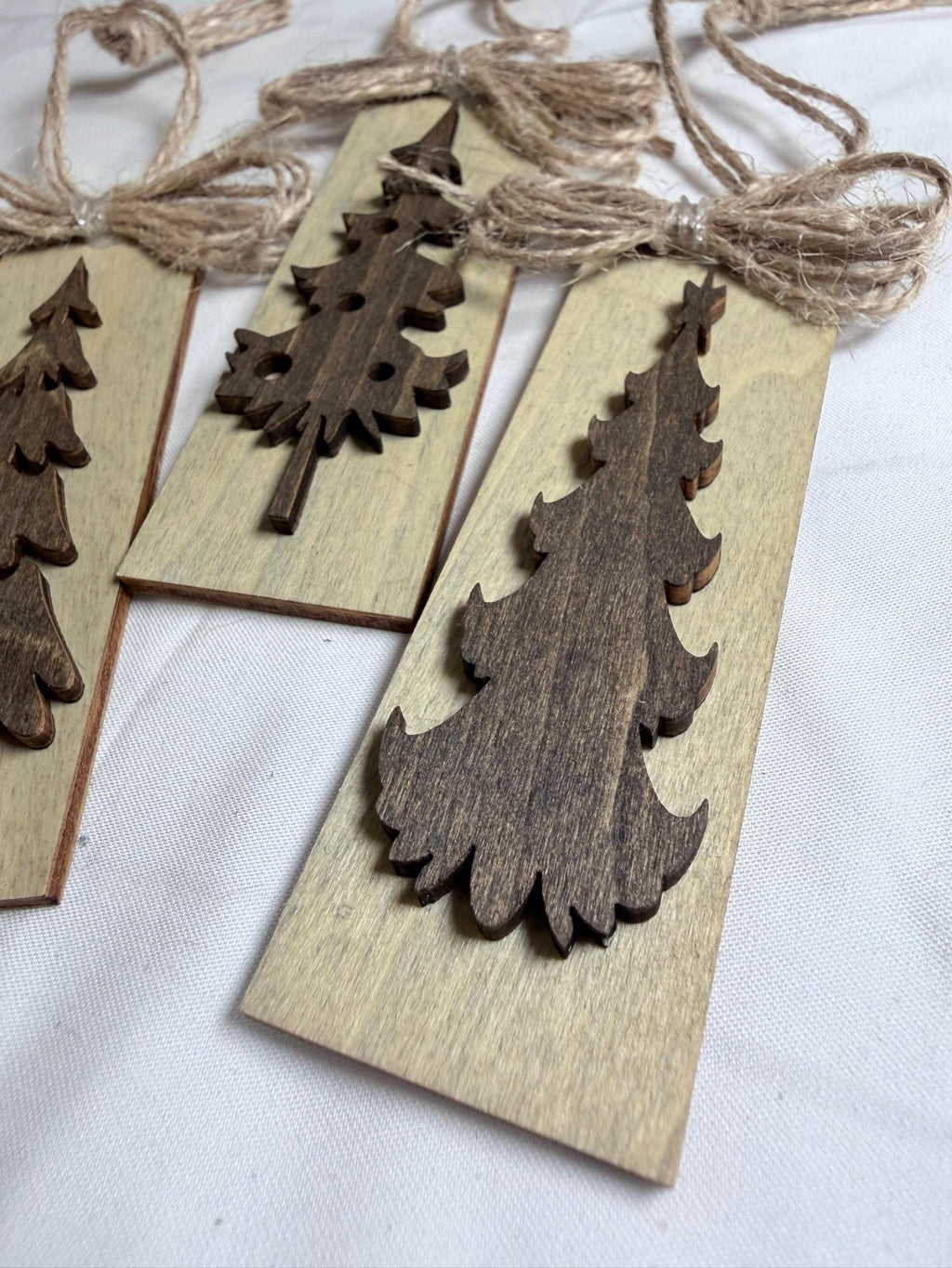 Rustic Wood Christmas Tree Ornaments Set of 3, Tall Skinny Tag Ornaments, Layered Pine Trees, Farmhouse Christmas Decor, 1.25x4 inch