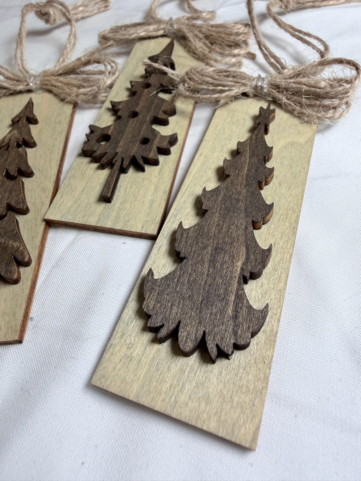Rustic Wood Christmas Tree Ornaments Set of 3, Tall Skinny Tag Ornaments, Layered Pine Trees, Farmhouse Christmas Decor, 1.25x4 inch