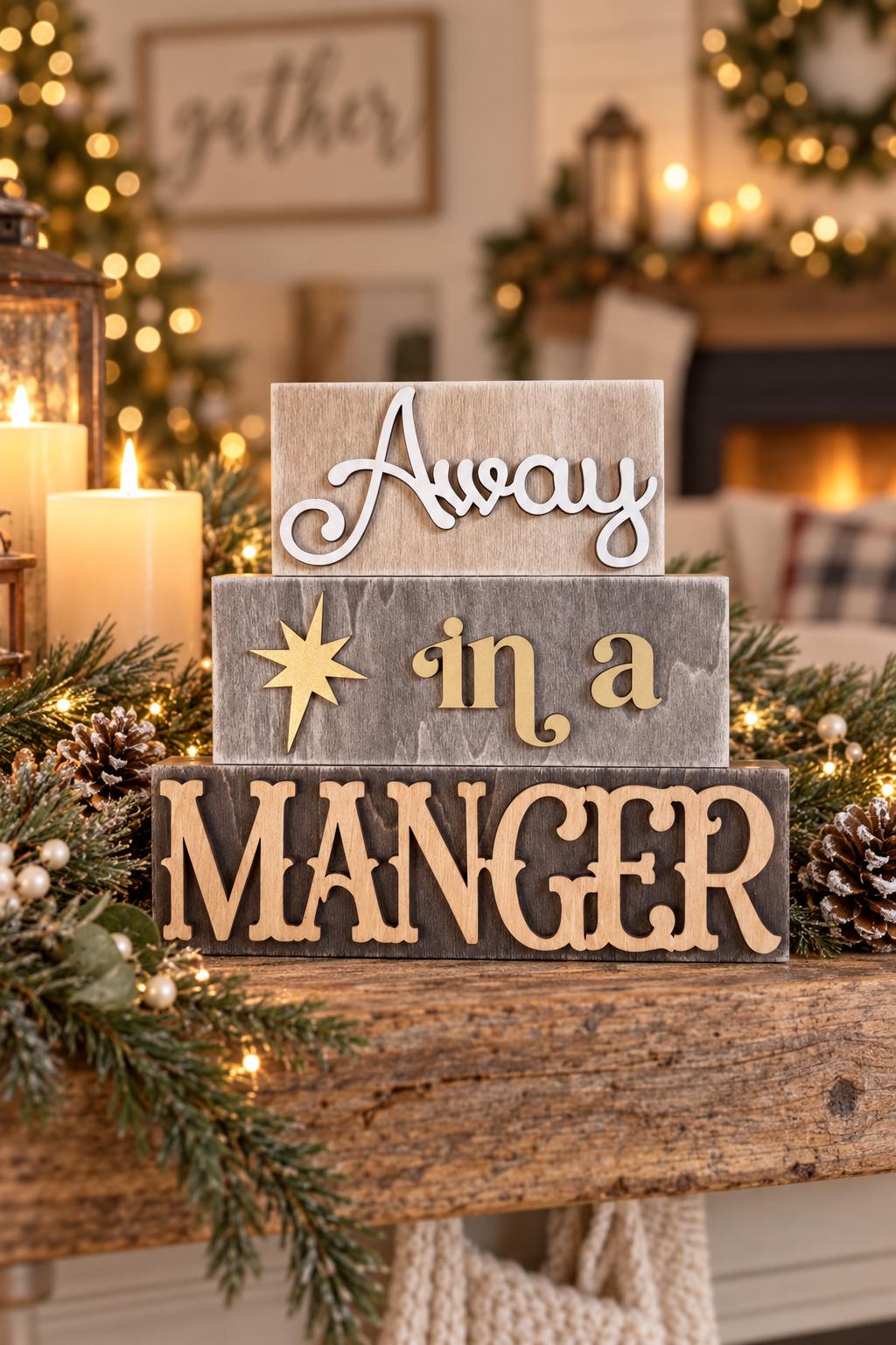 Away in a Manger Stacked Wood Block Sign, Rustic Christmas Nativity Shelf Sitter, Mantel Decor